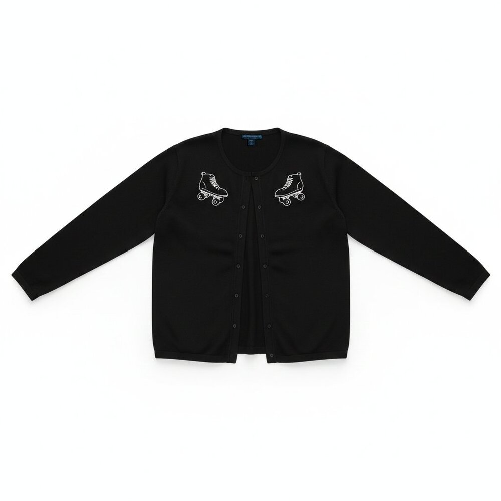 VINTAGE - Black Cardigan Sweater  White Quads roller skates embroidery Large